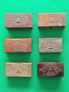No.4 size tins with variations. One has a “go to bed”, one Reg’d Dec 1871. Bottom two have “150 Vestas” on front edge