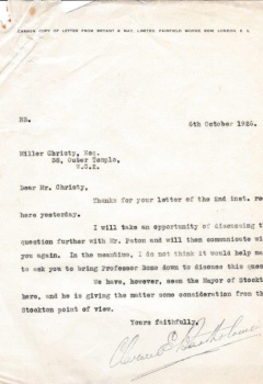 Reply from Bryant & May to Miller Christy, 10 October 1926